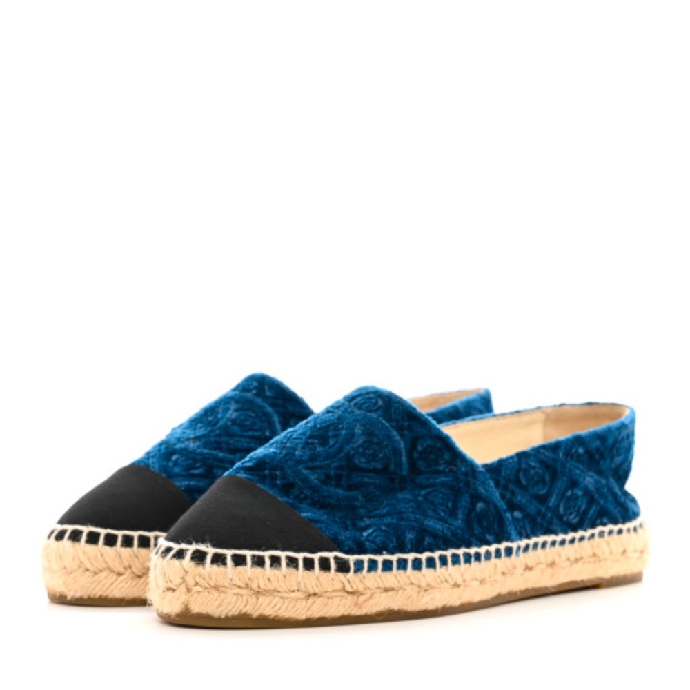 Chanel Velvet Grosgrain Quilted Camellia CC Espadrilles 37 Navy Black